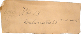 handschriftliche Notiz der K&uuml;nstlerin: &bdquo;Brahmsallee 33, 14. St - rechts&ldquo;